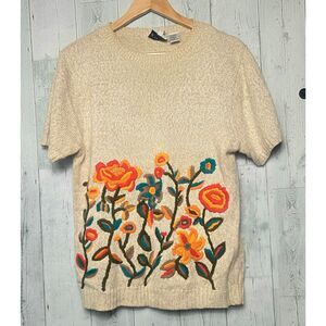VTG 80s Russ Ramie Cotton Blend Short Sleeved Embroidered Floral Sweater Sz S